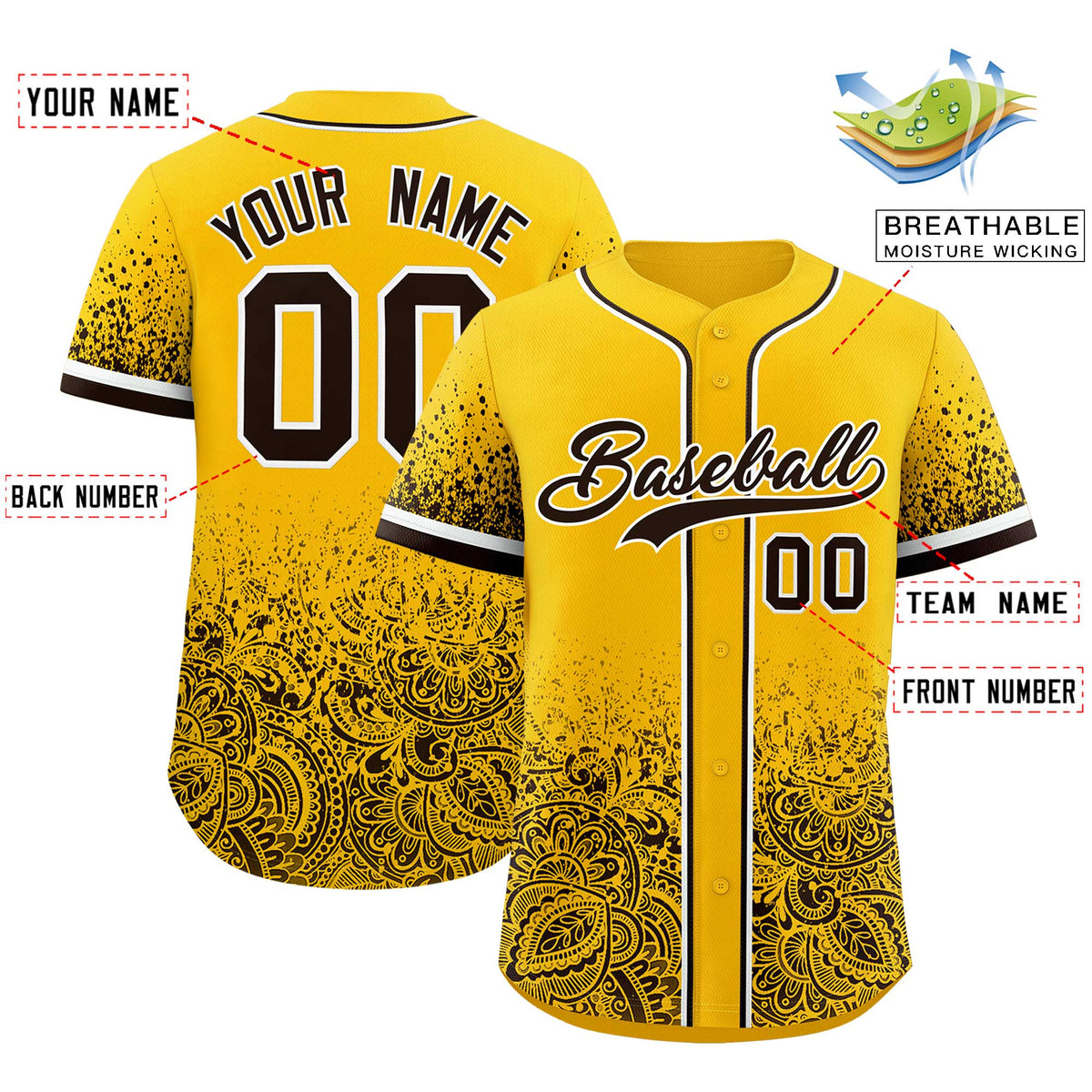 Custom Yellow Brown Floral Print Pattern Full Button Gradient Fashion Baseball Jersey
