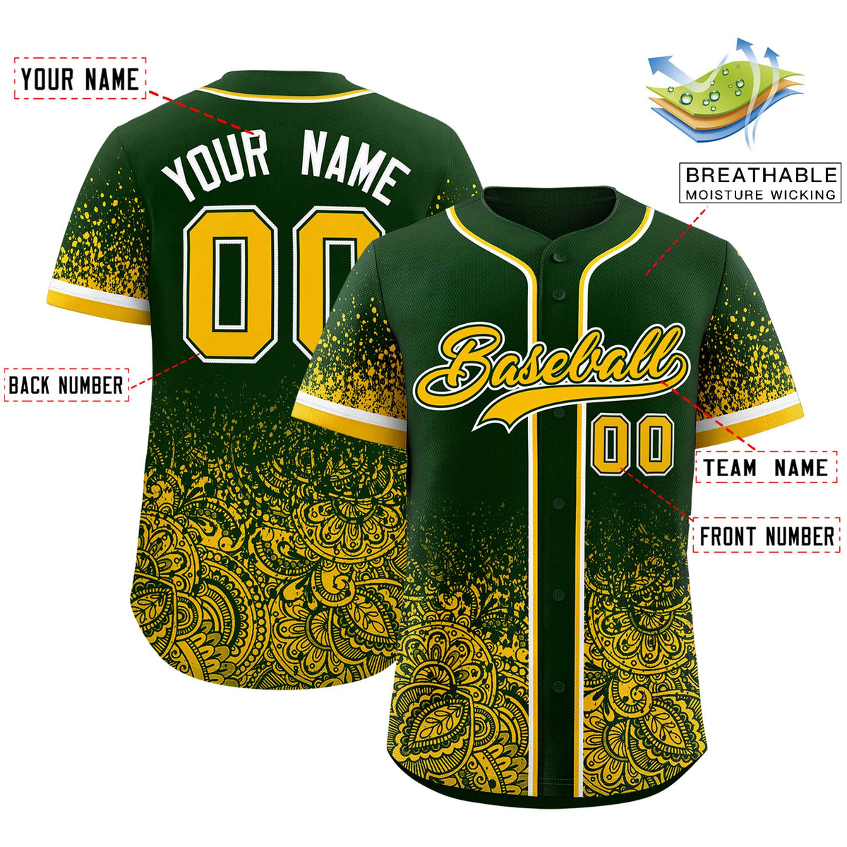 Custom Green Yellow Floral Print Pattern Full Button Gradient Fashion Baseball Jersey