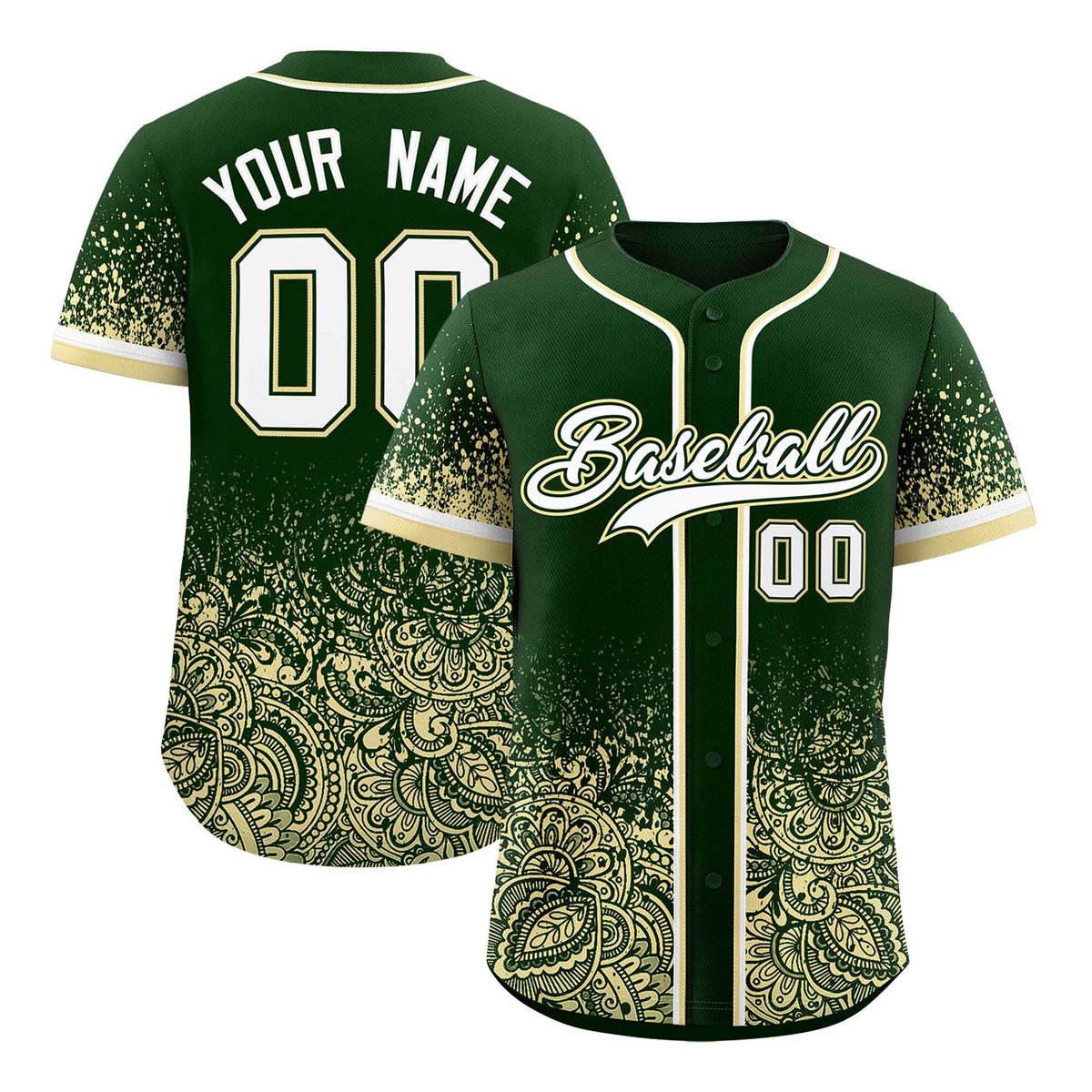 Custom Green Cream Floral Print Pattern Full Button Gradient Fashion Baseball Jersey