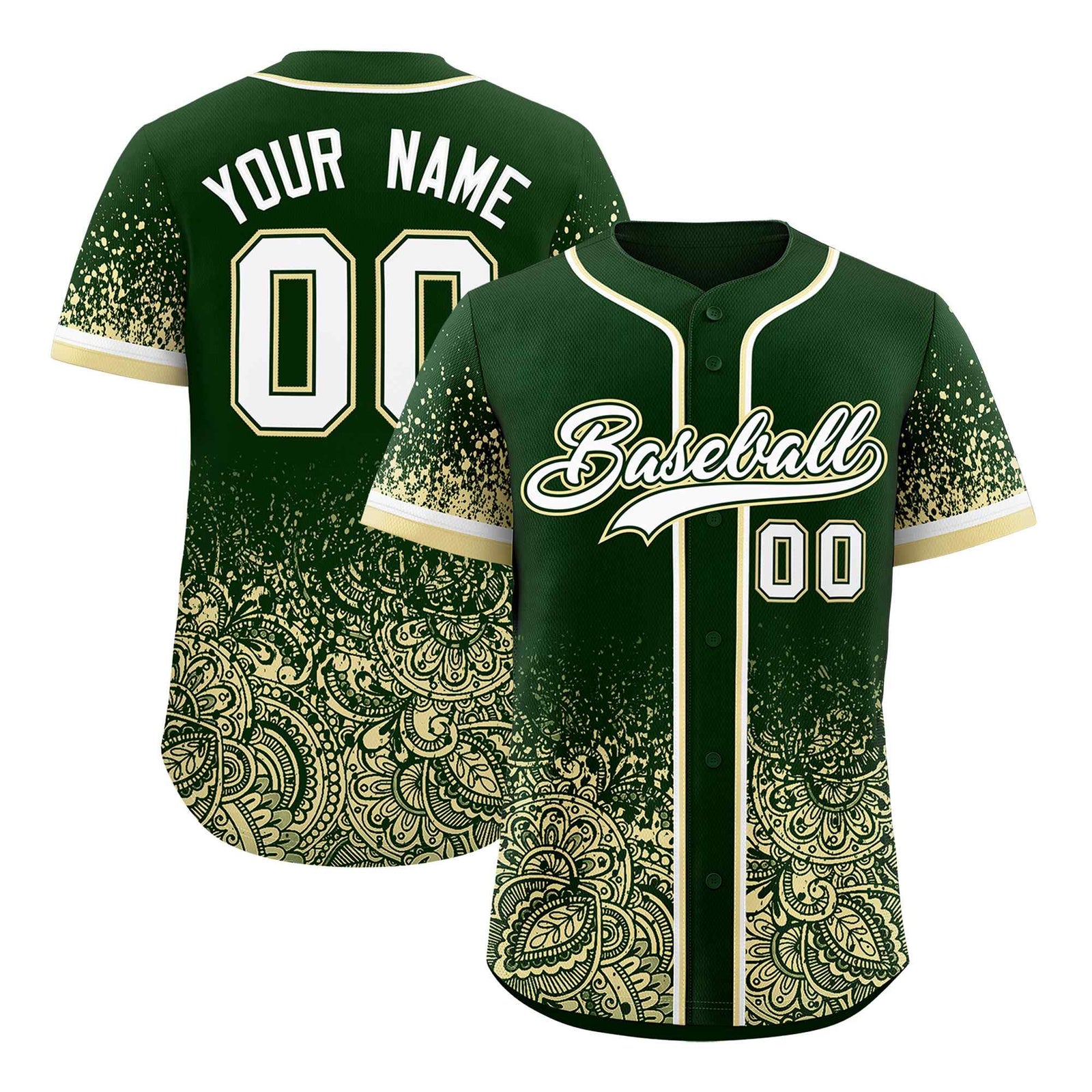 Custom Green Cream Floral Print Pattern Full Button Gradient Fashion Baseball Jersey