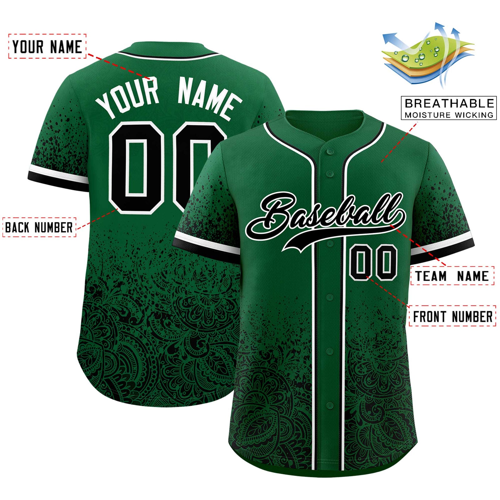 Custom Kelly Green Black Floral Print Pattern Full Button Gradient Fashion Baseball Jersey