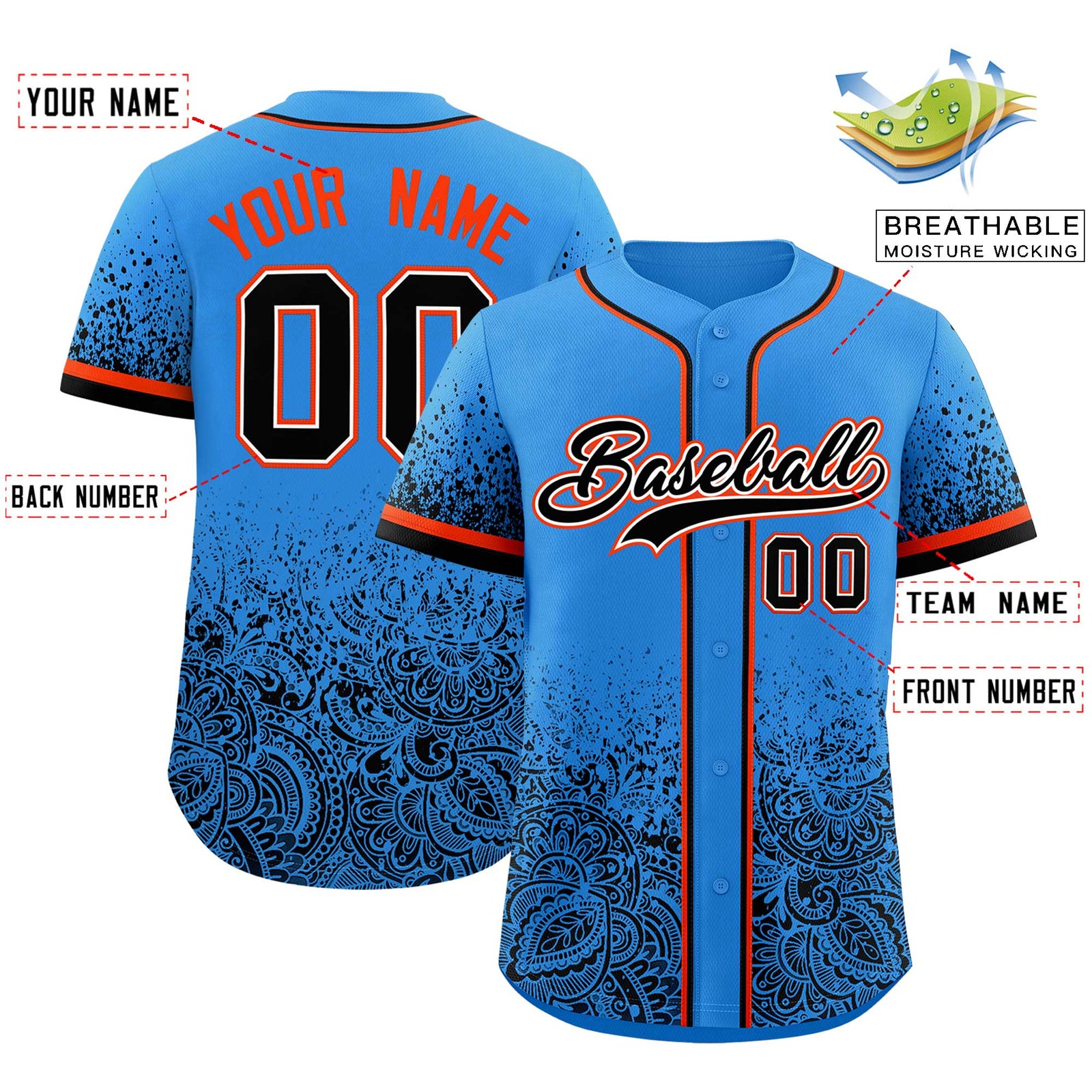 Custom Light Blue Black Floral Print Pattern Full Button Gradient Fashion Baseball Jersey