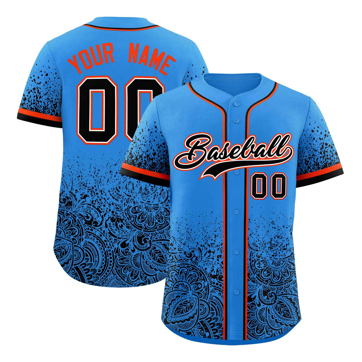 Custom Light Blue Black Floral Print Pattern Full Button Gradient Fashion Baseball Jersey