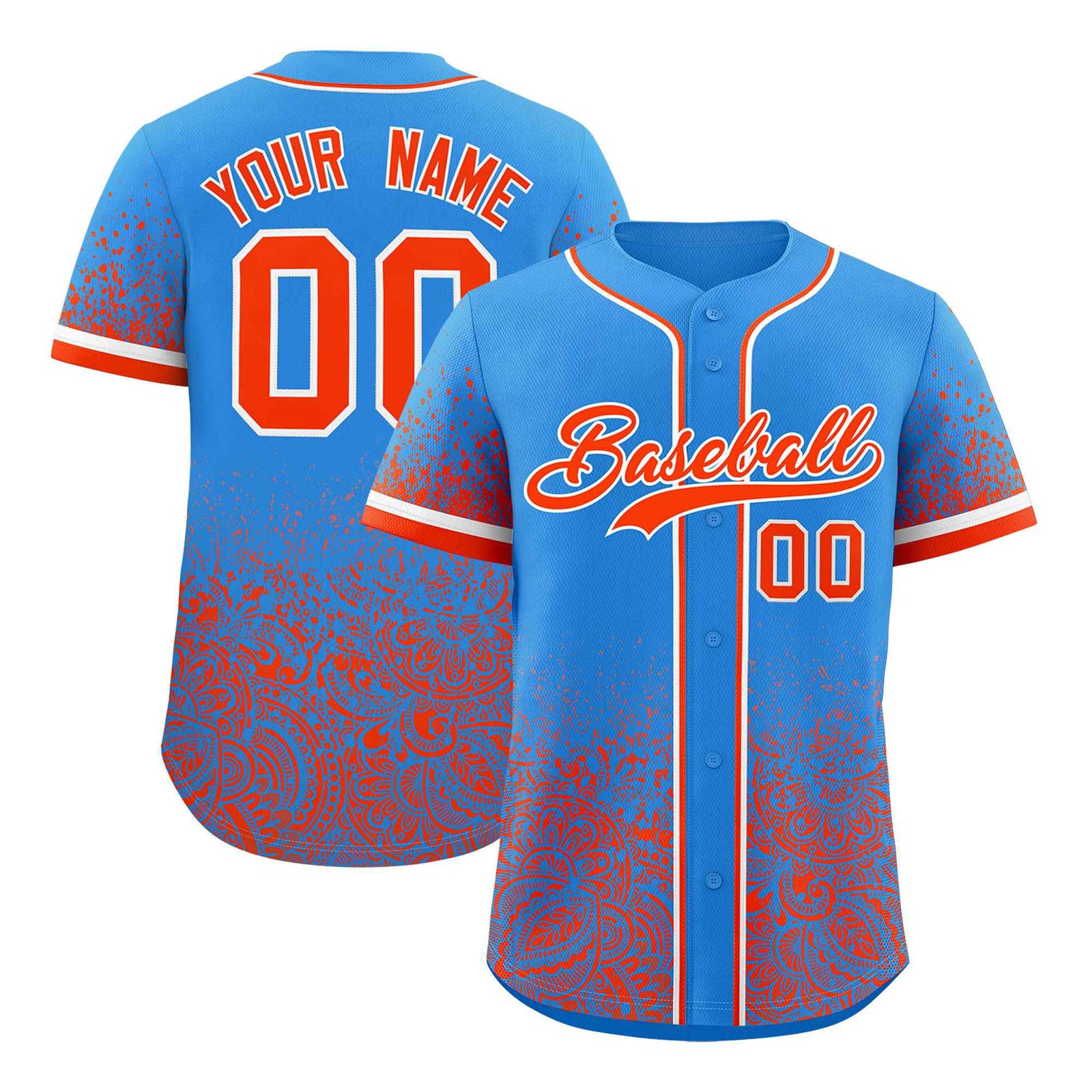 Custom Light Blue Orange Floral Print Pattern Full Button Gradient Fashion Baseball Jersey