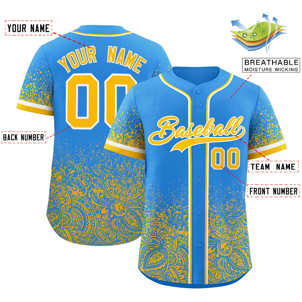 Custom Light Blue Yellow Floral Print Pattern Full Button Gradient Fashion Baseball Jersey