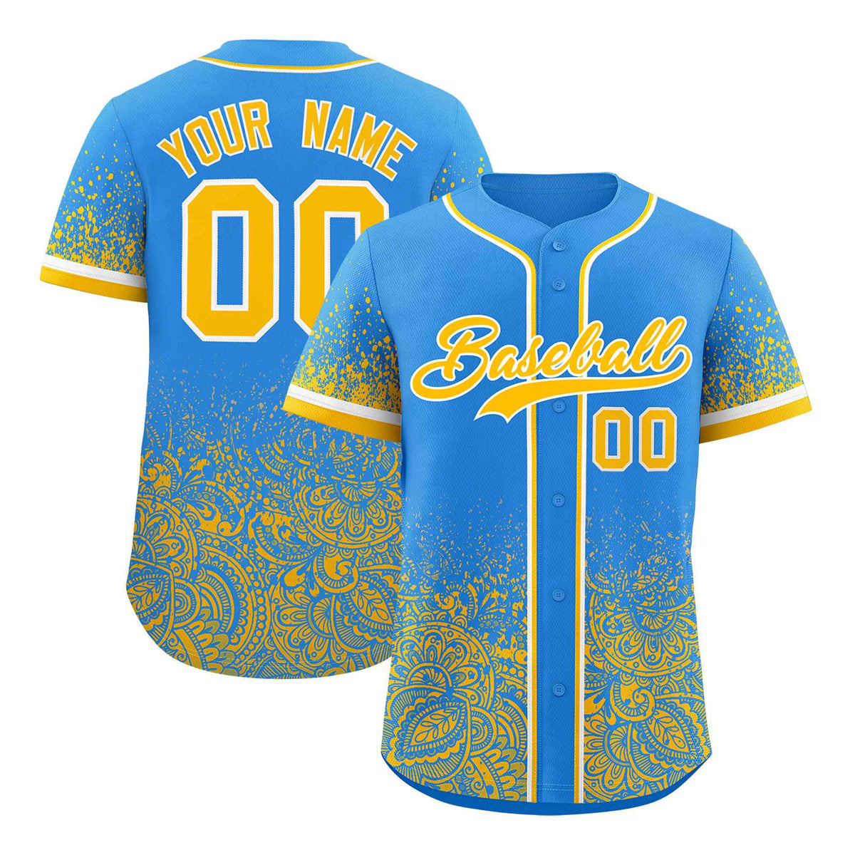 Custom Light Blue Yellow Floral Print Pattern Full Button Gradient Fashion Baseball Jersey