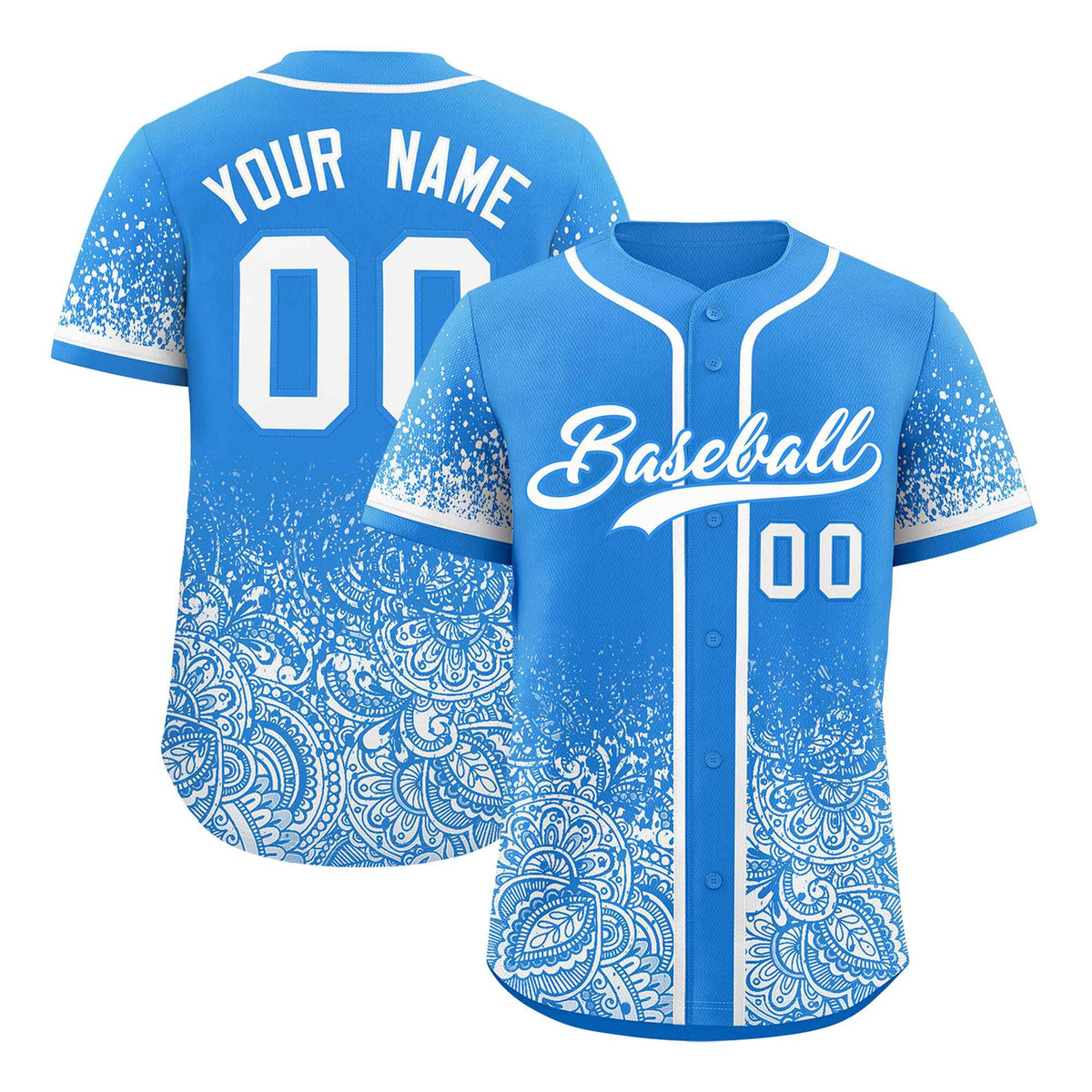 Custom Light Blue White Floral Print Pattern Full Button Gradient Fashion Baseball Jersey