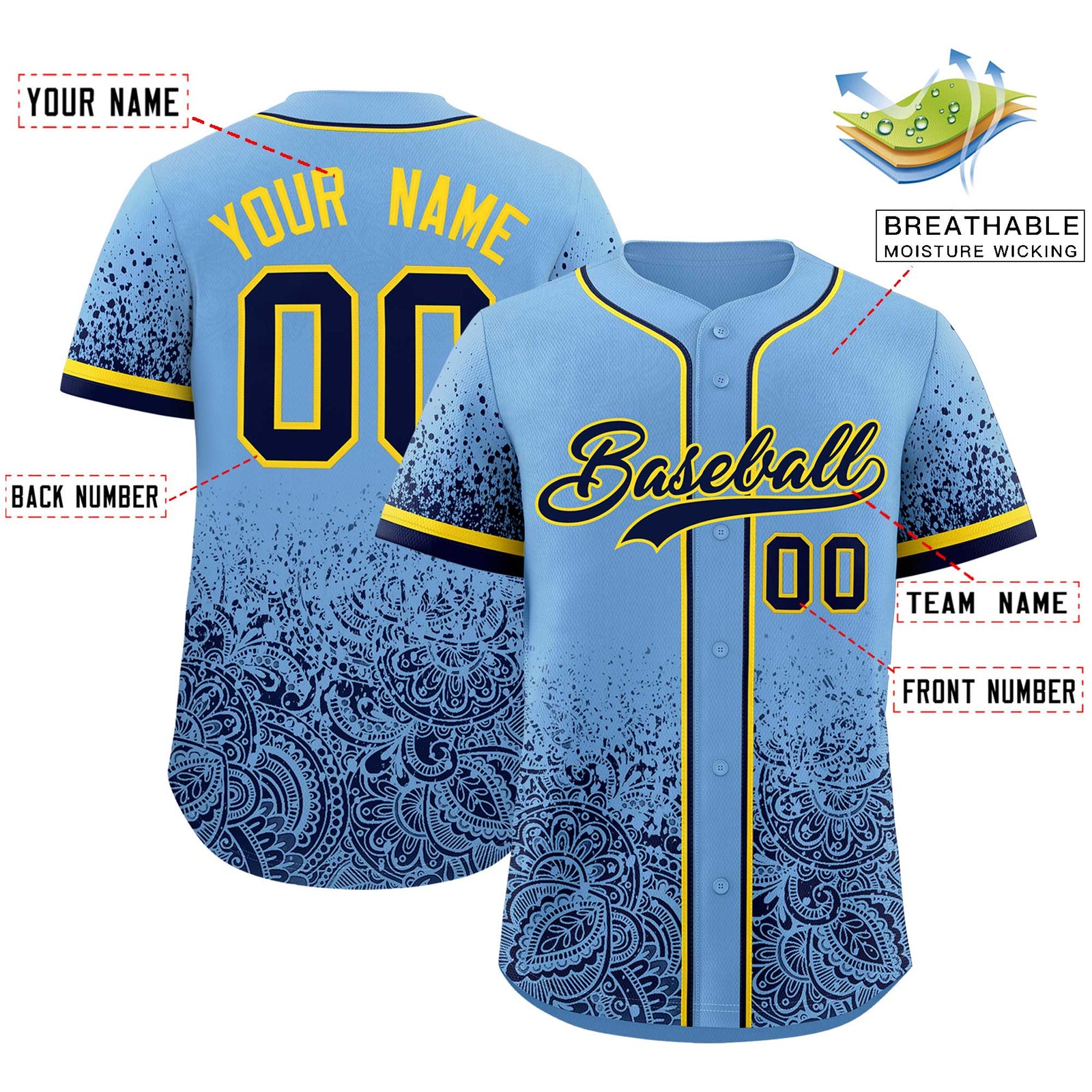 Custom Powder Blue Navy Floral Print Pattern Full Button Gradient Fashion Baseball Jersey