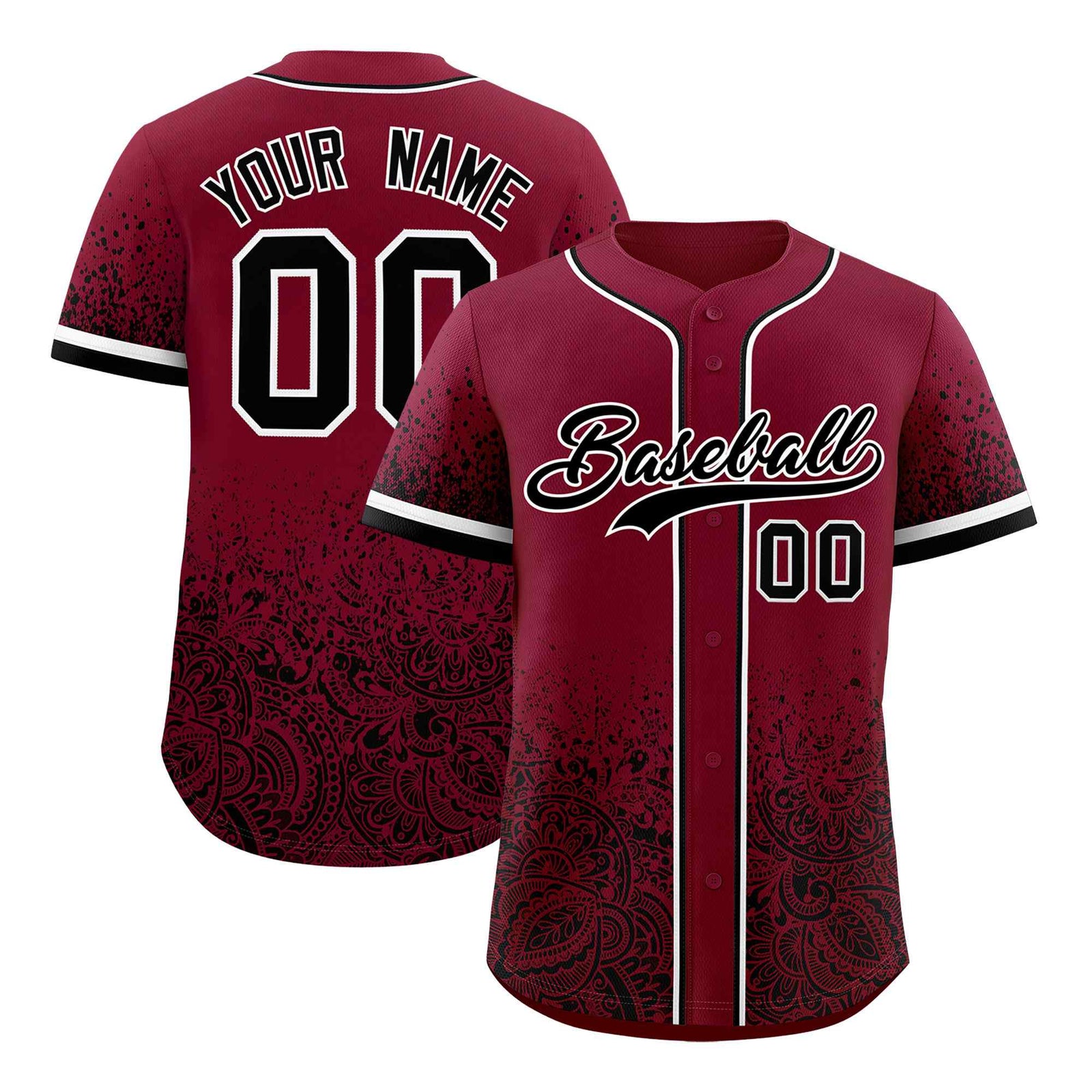 Custom Crimson Black Floral Print Pattern Full Button Gradient Fashion Baseball Jersey