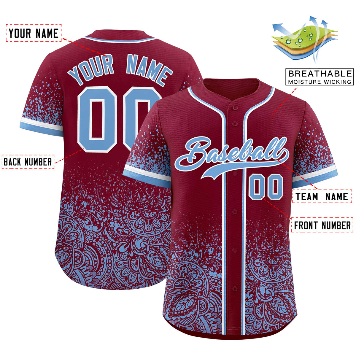 Custom Crimson Powder Blue Floral Print Pattern Full Button Gradient Fashion Baseball Jersey