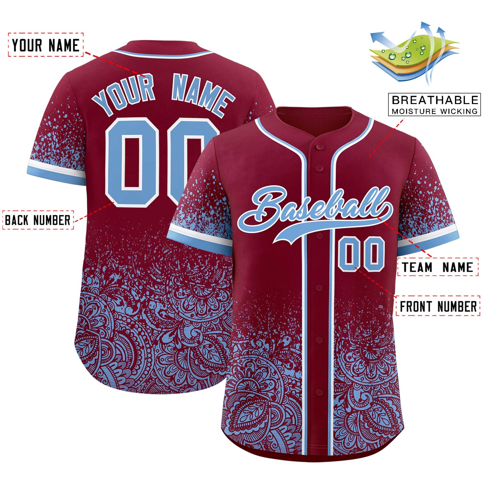 Custom Crimson Powder Blue Floral Print Pattern Full Button Gradient Fashion Baseball Jersey
