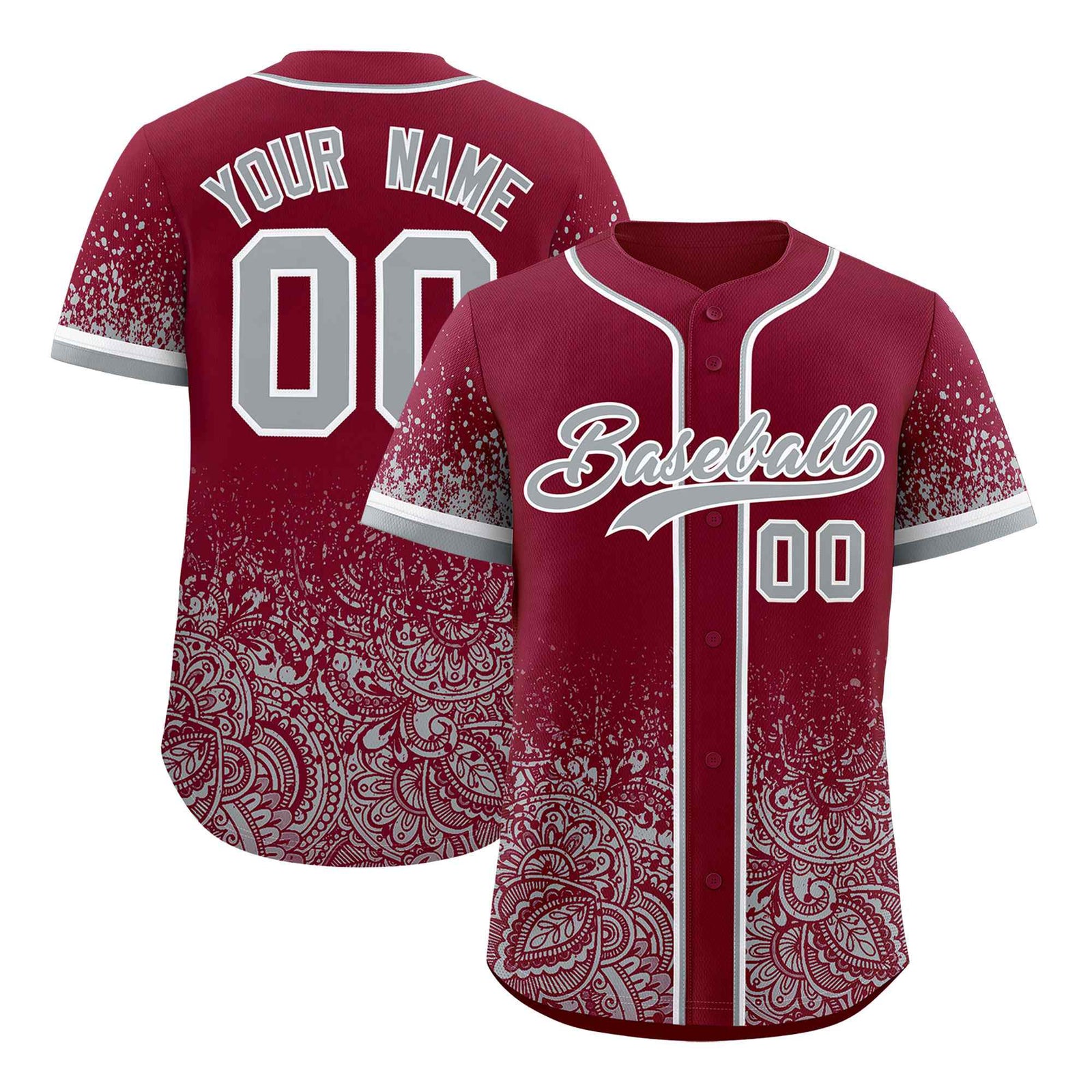 Custom Crimson Gray Floral Print Pattern Full Button Gradient Fashion Baseball Jersey