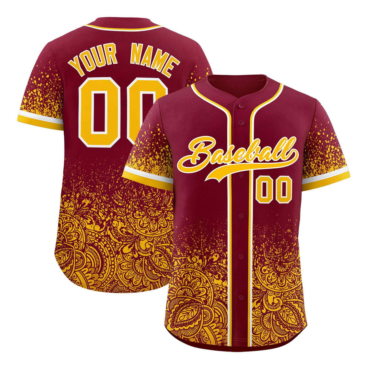 Custom Crimson Yellow Floral Print Pattern Full Button Gradient Fashion Baseball Jersey