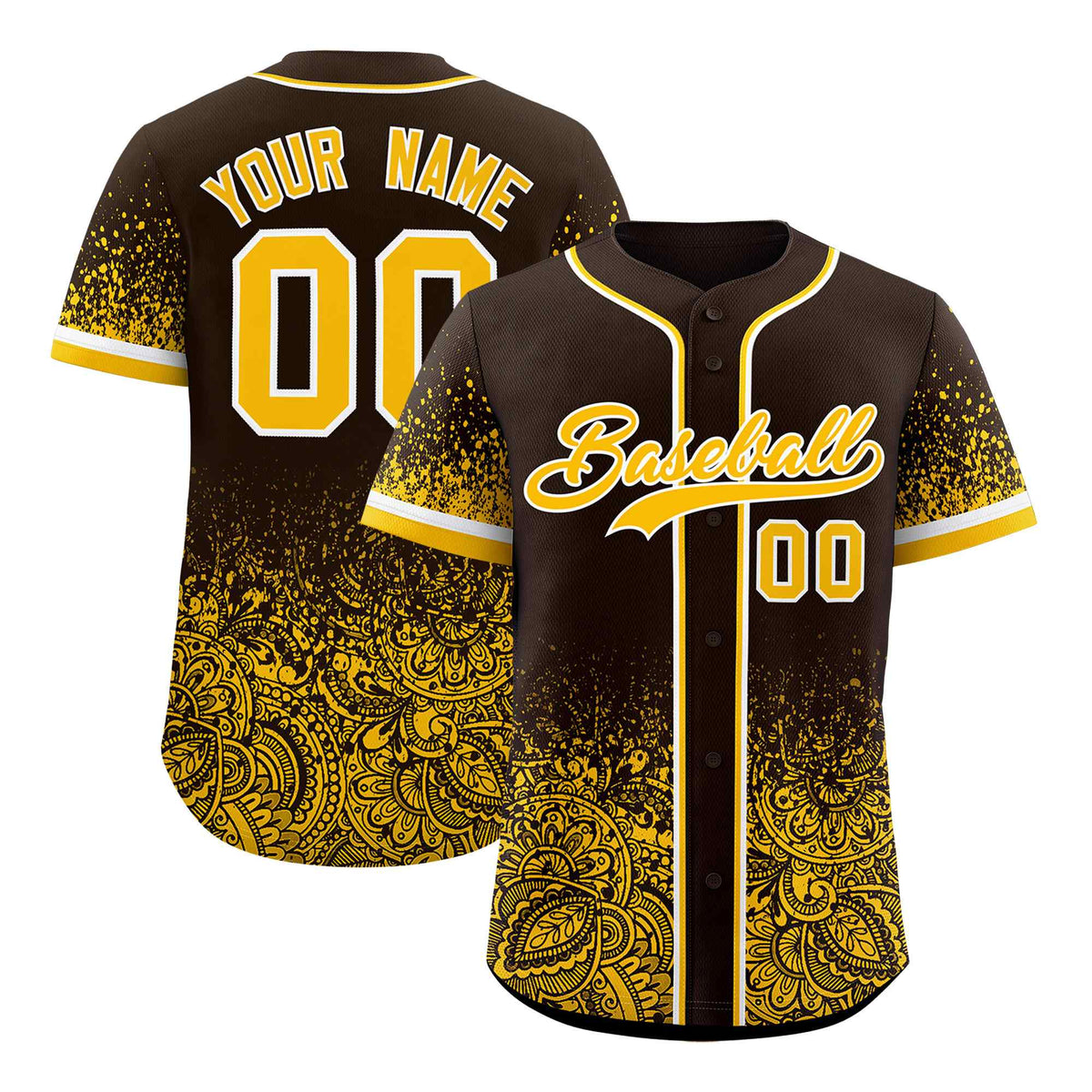 Custom Brown Yellow Floral Print Pattern Full Button Gradient Fashion Baseball Jersey