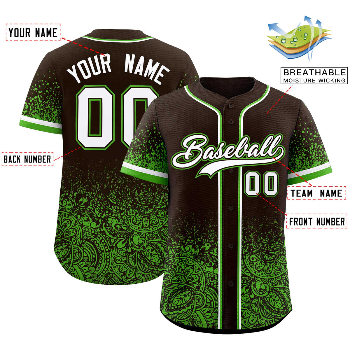 Custom Brown Green Floral Print Pattern Full Button Gradient Fashion Baseball Jersey