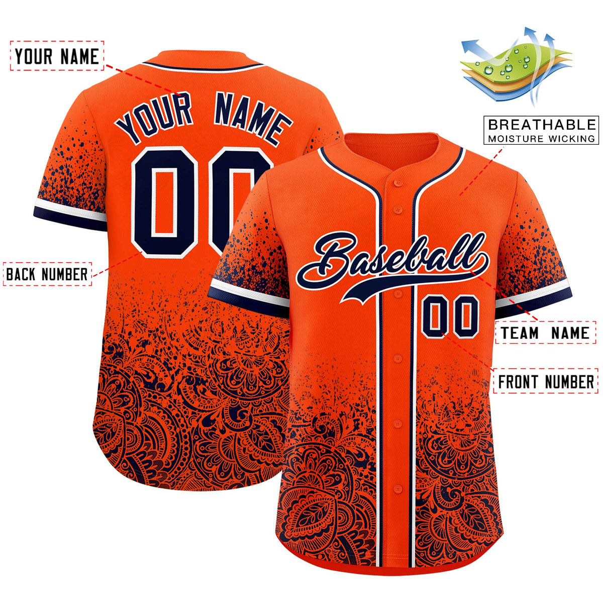 Custom Orange Navy Floral Print Pattern Full Button Gradient Fashion Baseball Jersey