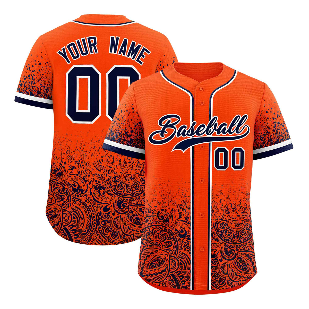 Custom Orange Navy Floral Print Pattern Full Button Gradient Fashion Baseball Jersey