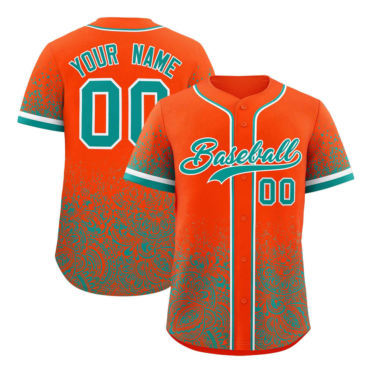 Custom Orange Aqua Floral Print Pattern Full Button Gradient Fashion Baseball Jersey
