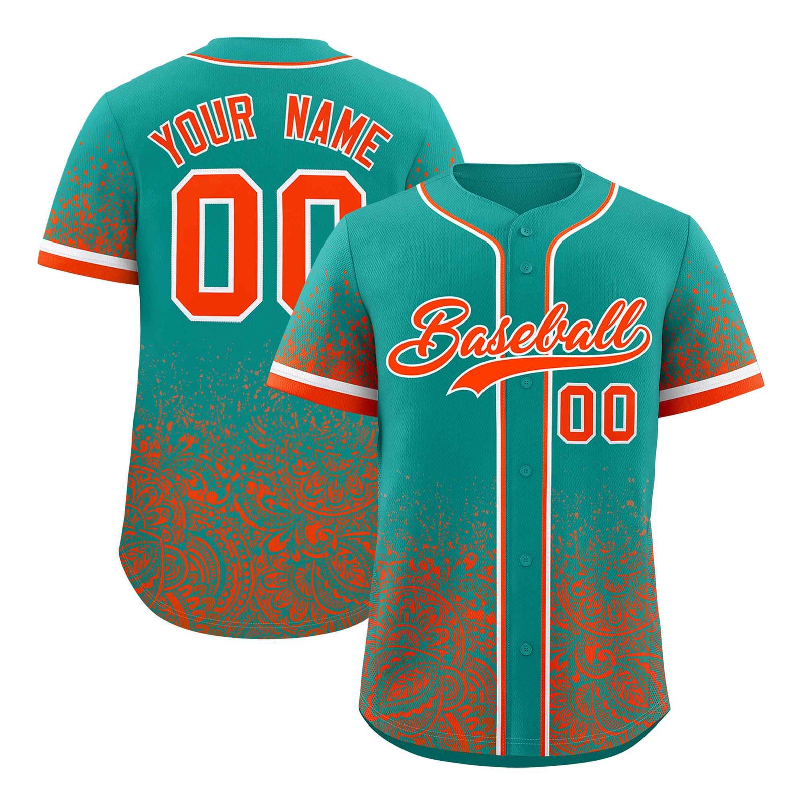 Custom Aqua Orange Floral Print Pattern Full Button Gradient Fashion Baseball Jersey