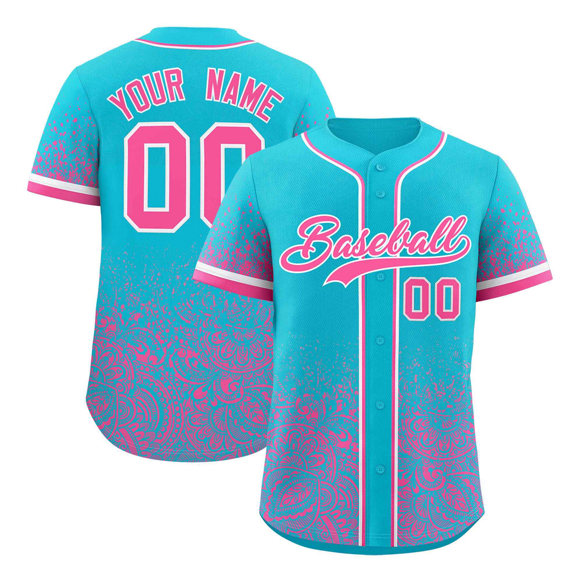 Custom Sky Blue Pink Floral Print Pattern Full Button Gradient Fashion Baseball Jersey