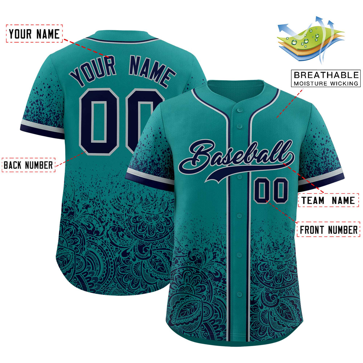 Custom Teal Navy Floral Print Pattern Full Button Gradient Fashion Baseball Jersey