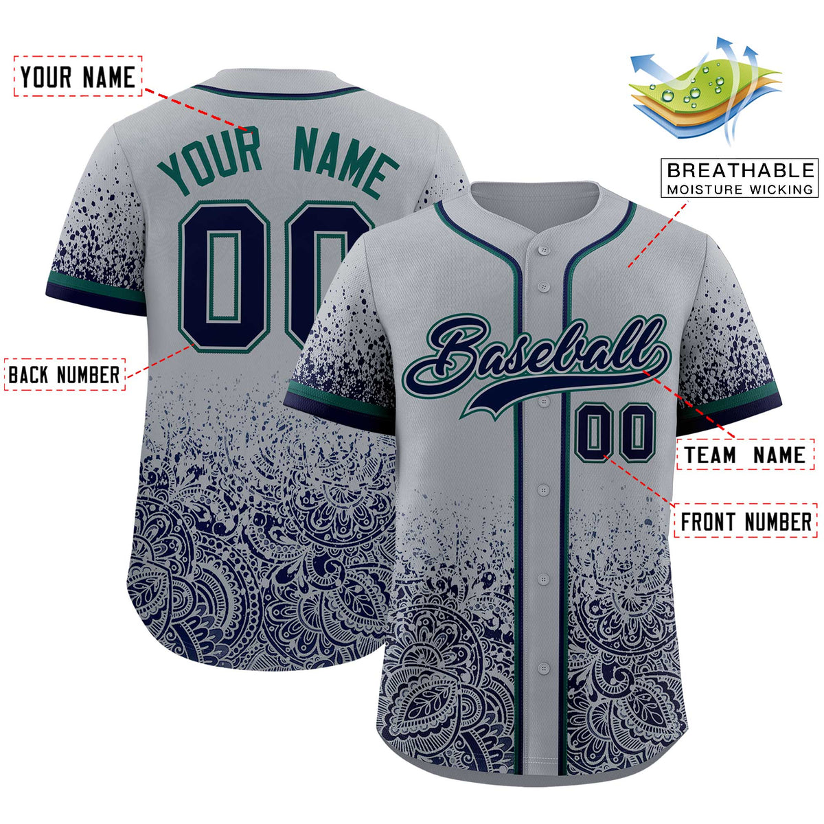 Custom Gray Navy Floral Print Pattern Full Button Gradient Fashion Baseball Jersey