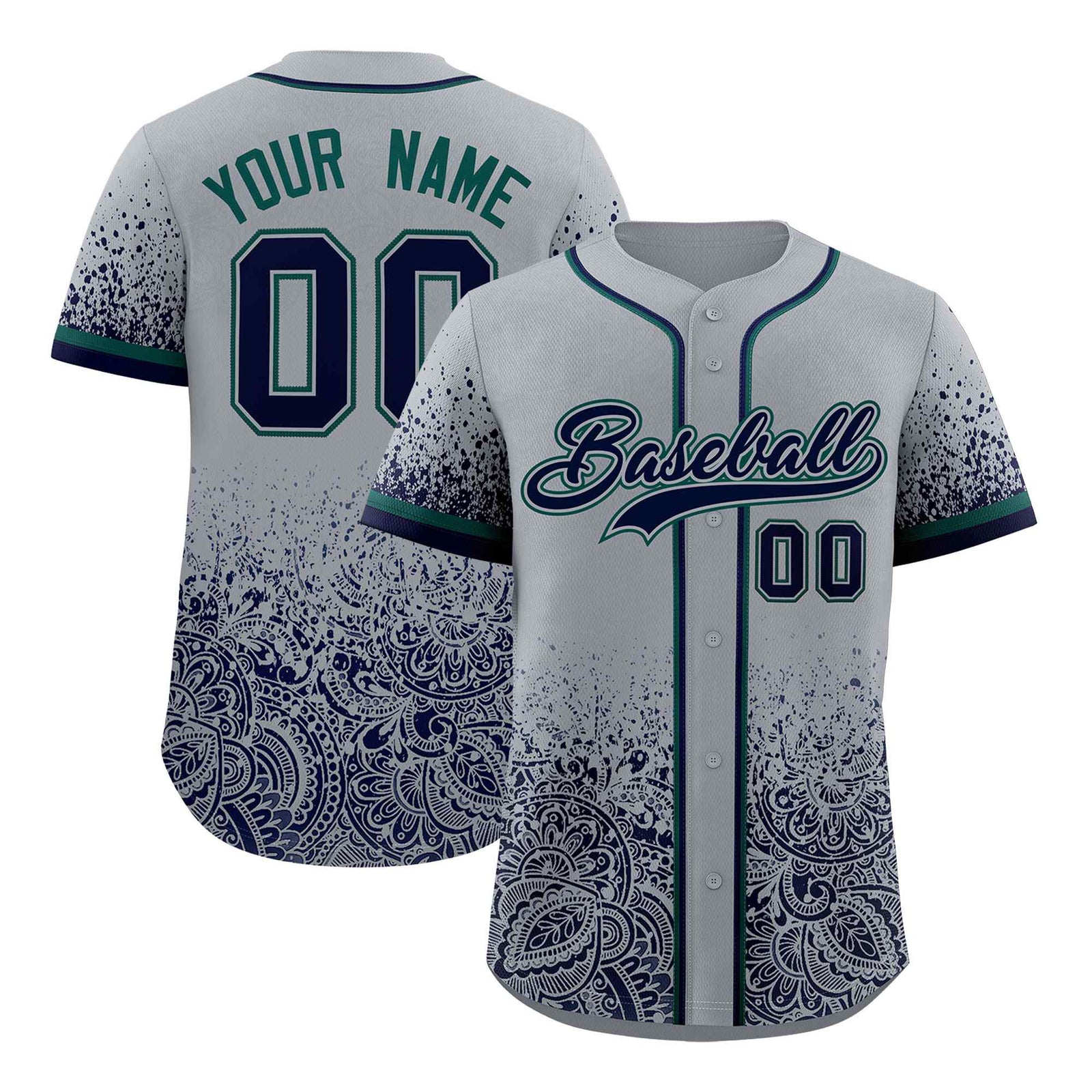 Custom Gray Navy Floral Print Pattern Full Button Gradient Fashion Baseball Jersey