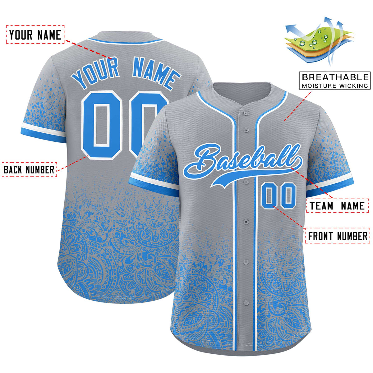 Custom Gray Light Blue Floral Print Pattern Full Button Gradient Fashion Baseball Jersey