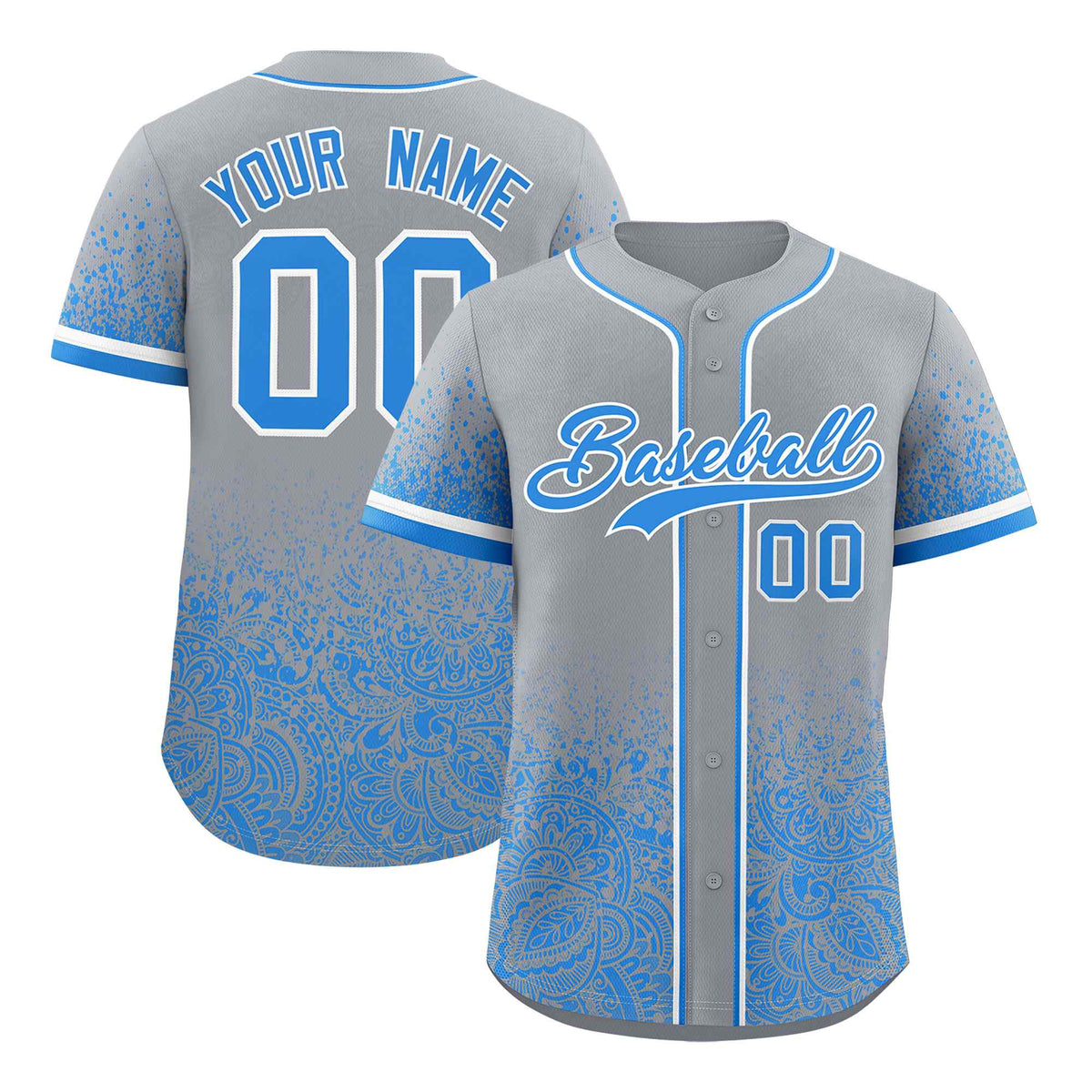 Custom Gray Light Blue Floral Print Pattern Full Button Gradient Fashion Baseball Jersey