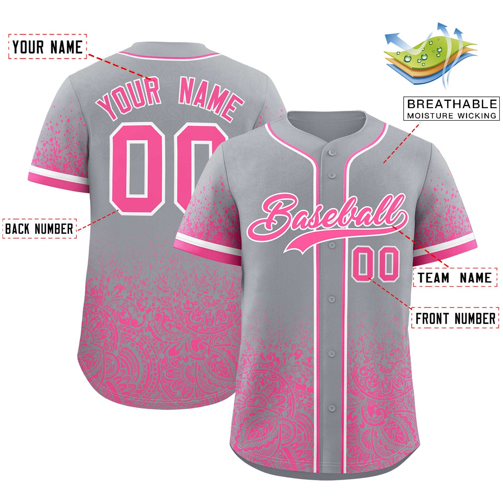 Custom Gray Pink Floral Print Pattern Full Button Gradient Fashion Baseball Jersey