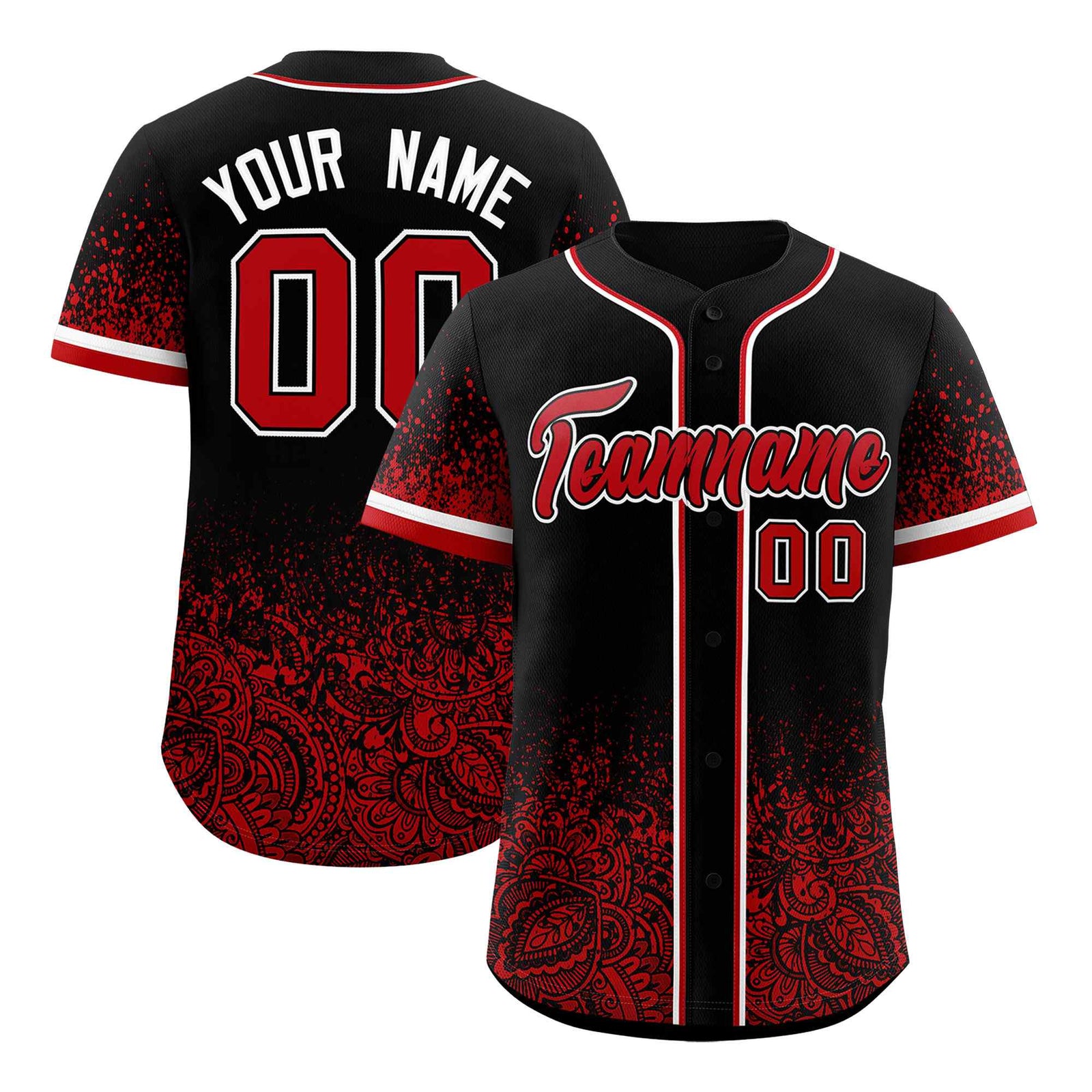 Custom Black Red Floral Print Pattern Full Button Gradient Fashion Baseball Jersey