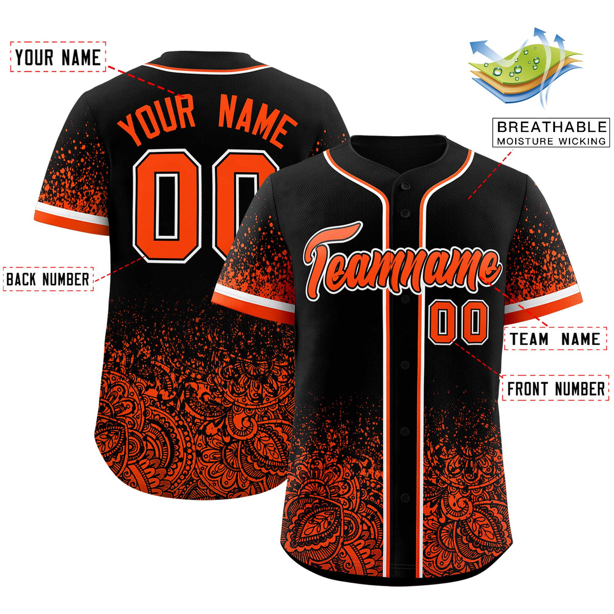 Custom Black Orange Floral Print Pattern Full Button Gradient Fashion Baseball Jersey