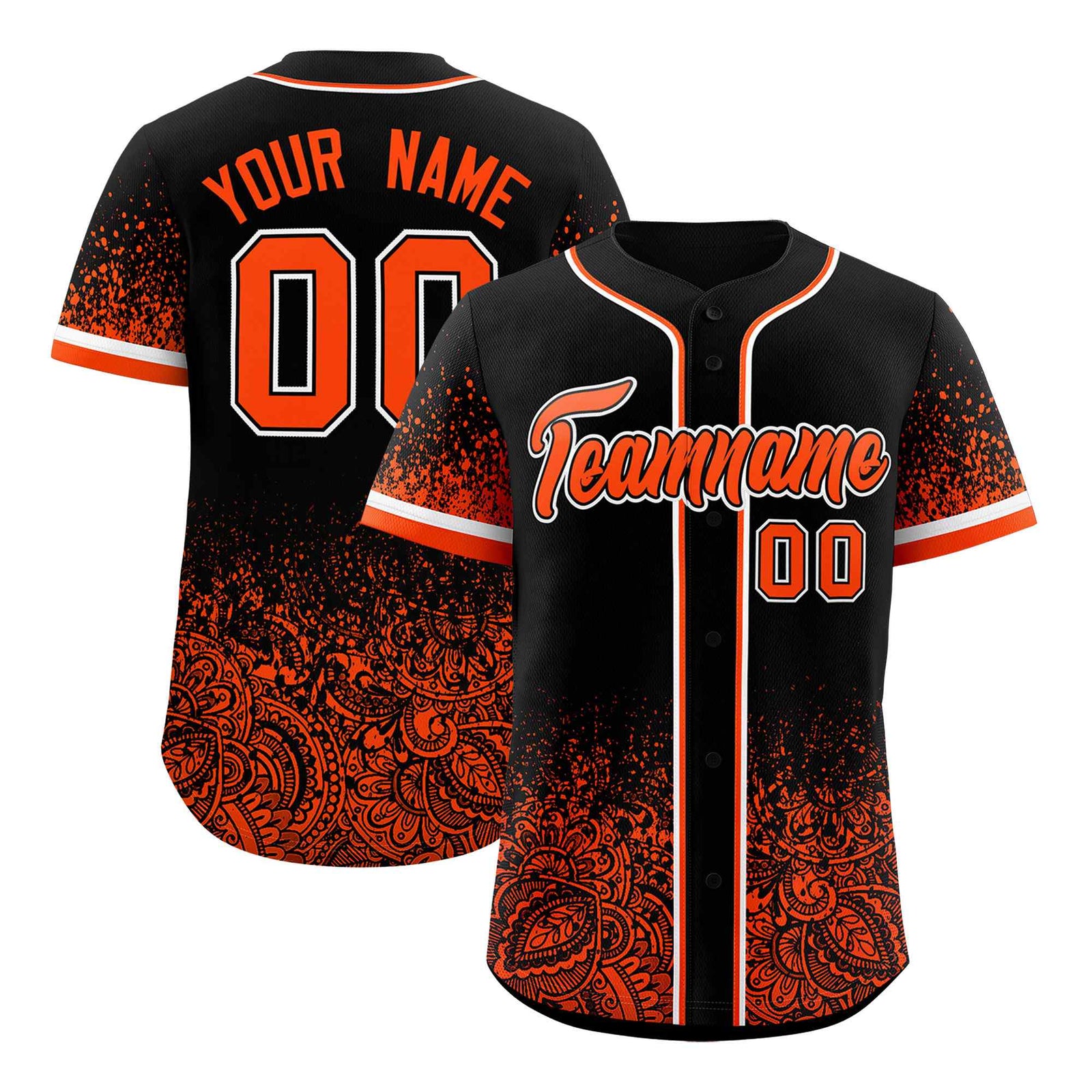 Custom Black Orange Floral Print Pattern Full Button Gradient Fashion Baseball Jersey