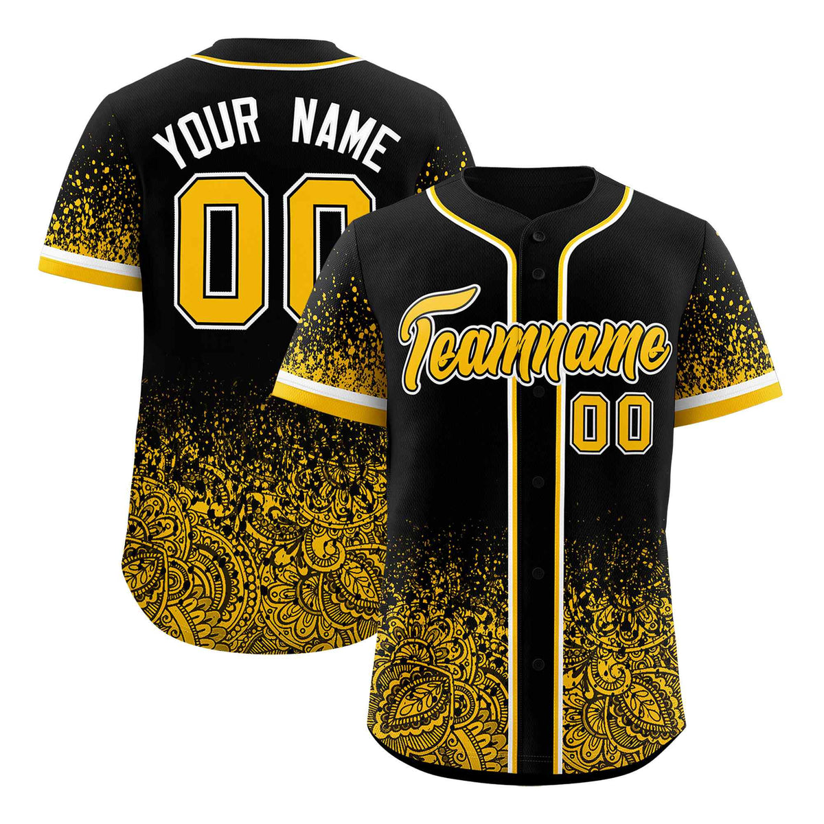 Custom Black Yellow Floral Print Pattern Full Button Gradient Fashion Baseball Jersey