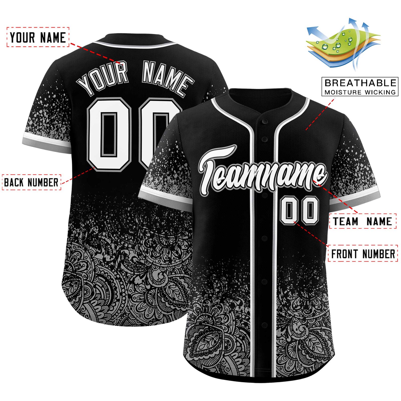 Custom Black Gray Floral Print Pattern Full Button Gradient Fashion Baseball Jersey