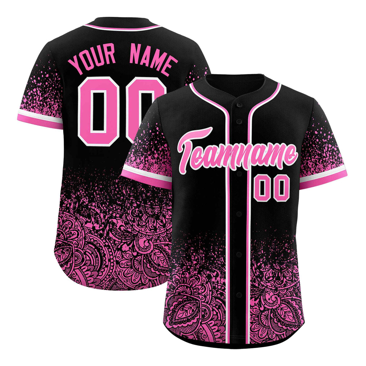 Custom Black Pink Floral Print Pattern Full Button Gradient Fashion Baseball Jersey