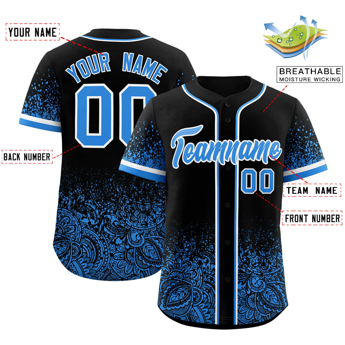 Custom Black Light Blue Floral Print Pattern Full Button Gradient Fashion Baseball Jersey
