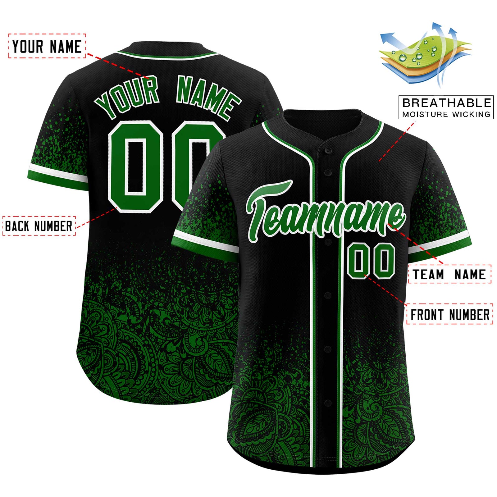 Custom Black Kelly Green Floral Print Pattern Full Button Gradient Fashion Baseball Jersey