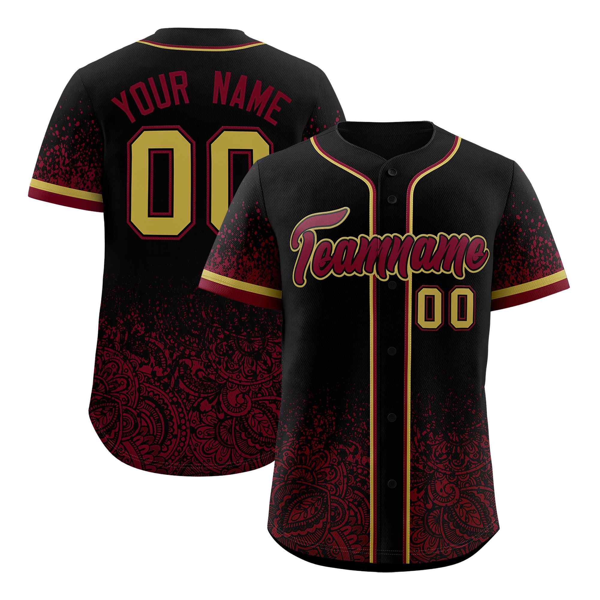 Custom Black Crimson Floral Print Pattern Full Button Gradient Fashion Baseball Jersey