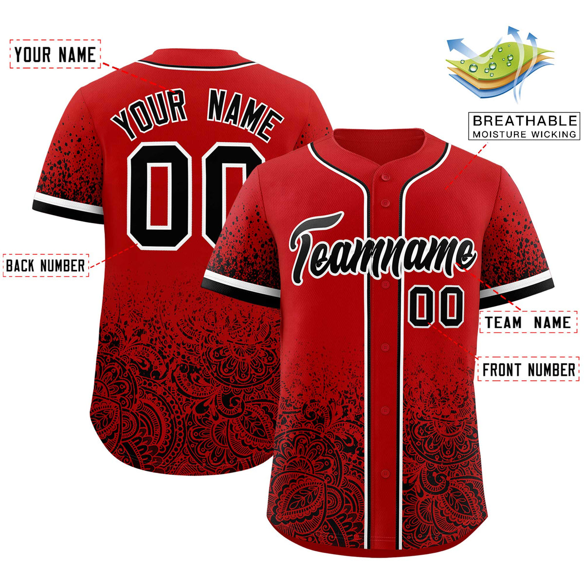 Custom Red Black Floral Print Pattern Full Button Gradient Fashion Baseball Jersey