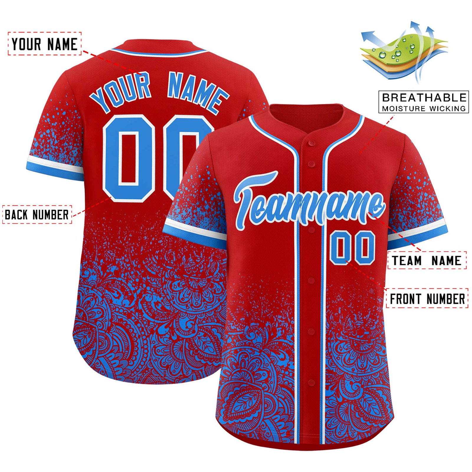 Custom Red Light Blue Floral Print Pattern Full Button Gradient Fashion Baseball Jersey