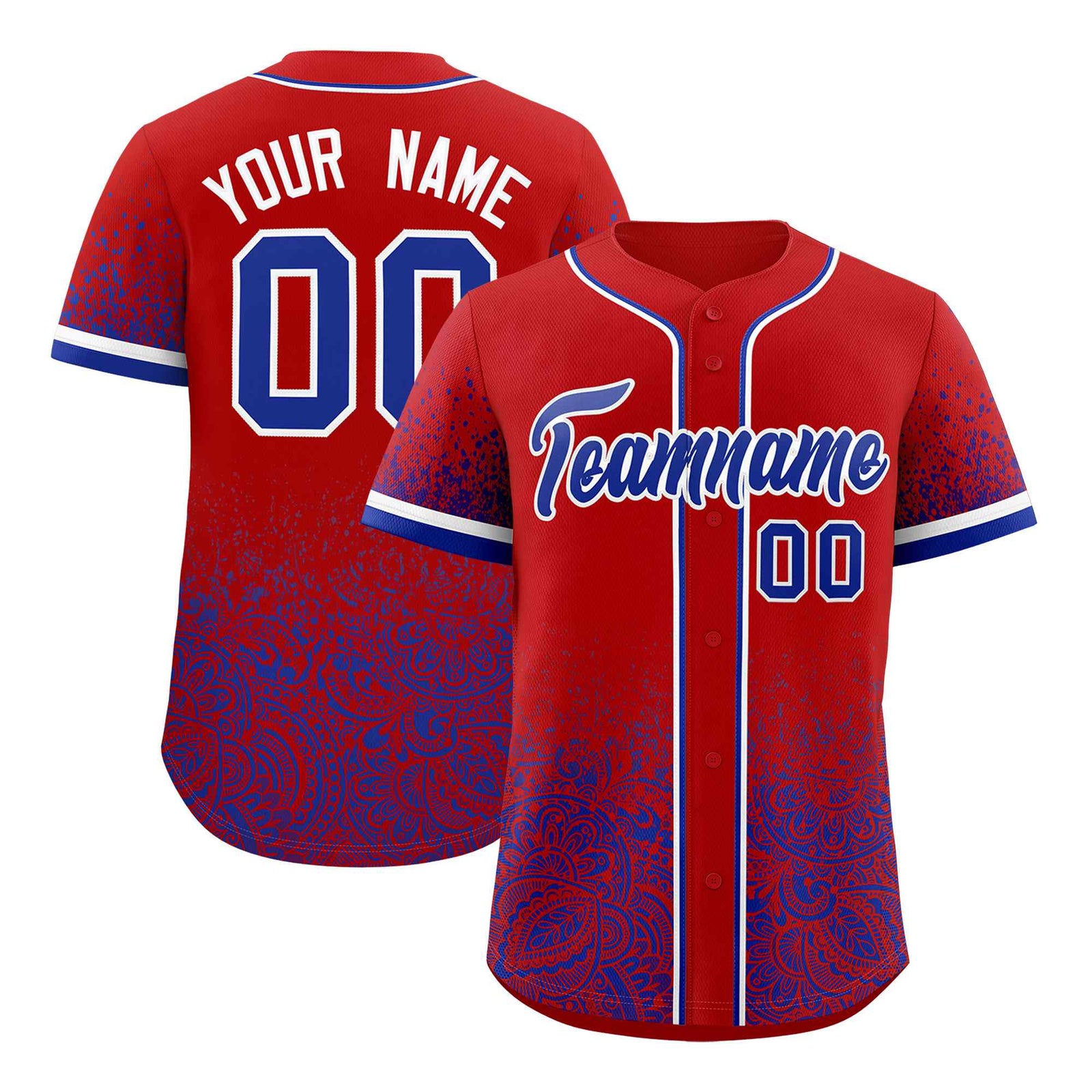 Custom Red Royal Floral Print Pattern Full Button Gradient Fashion Baseball Jersey