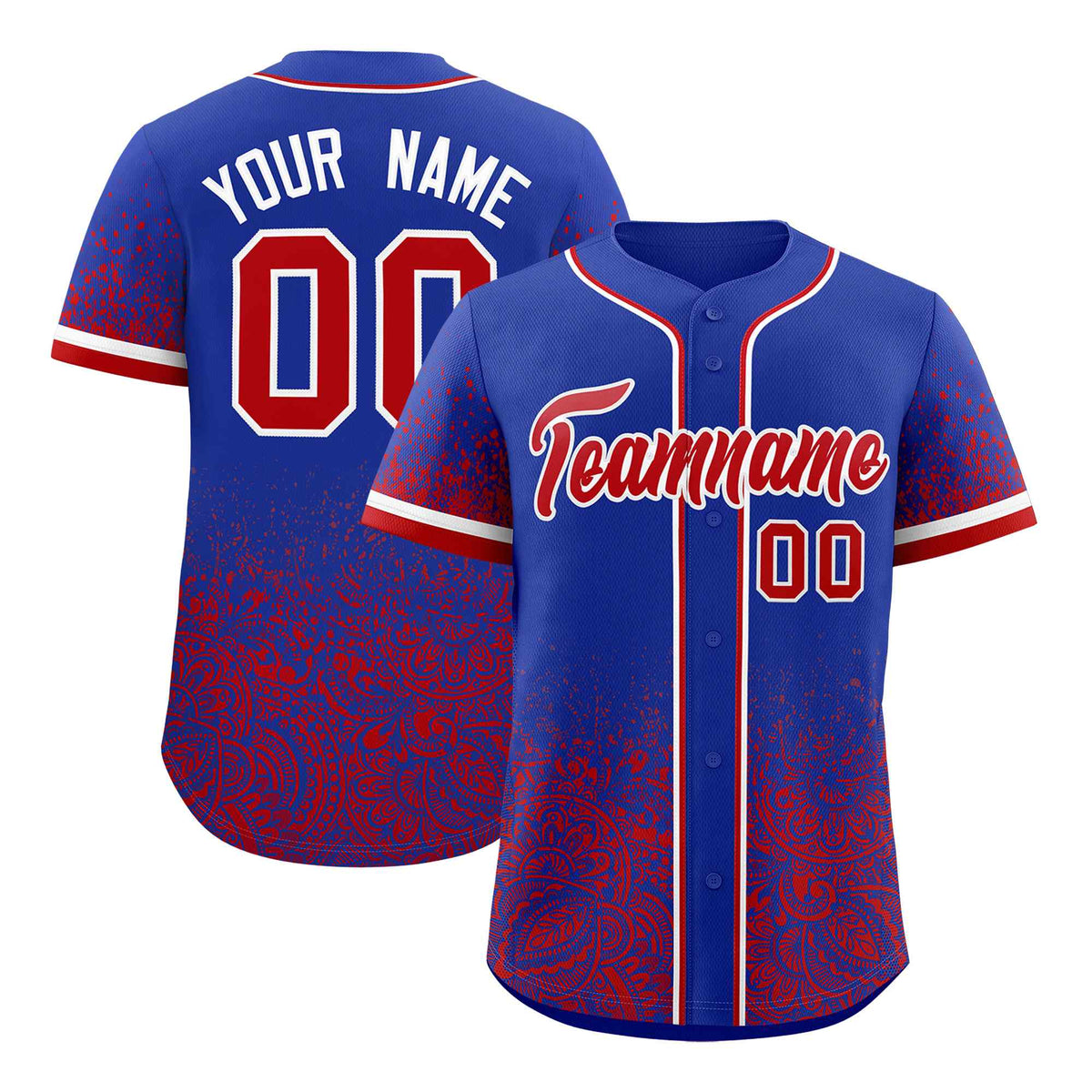 Custom Royal Red Floral Print Pattern Full Button Gradient Fashion Baseball Jersey