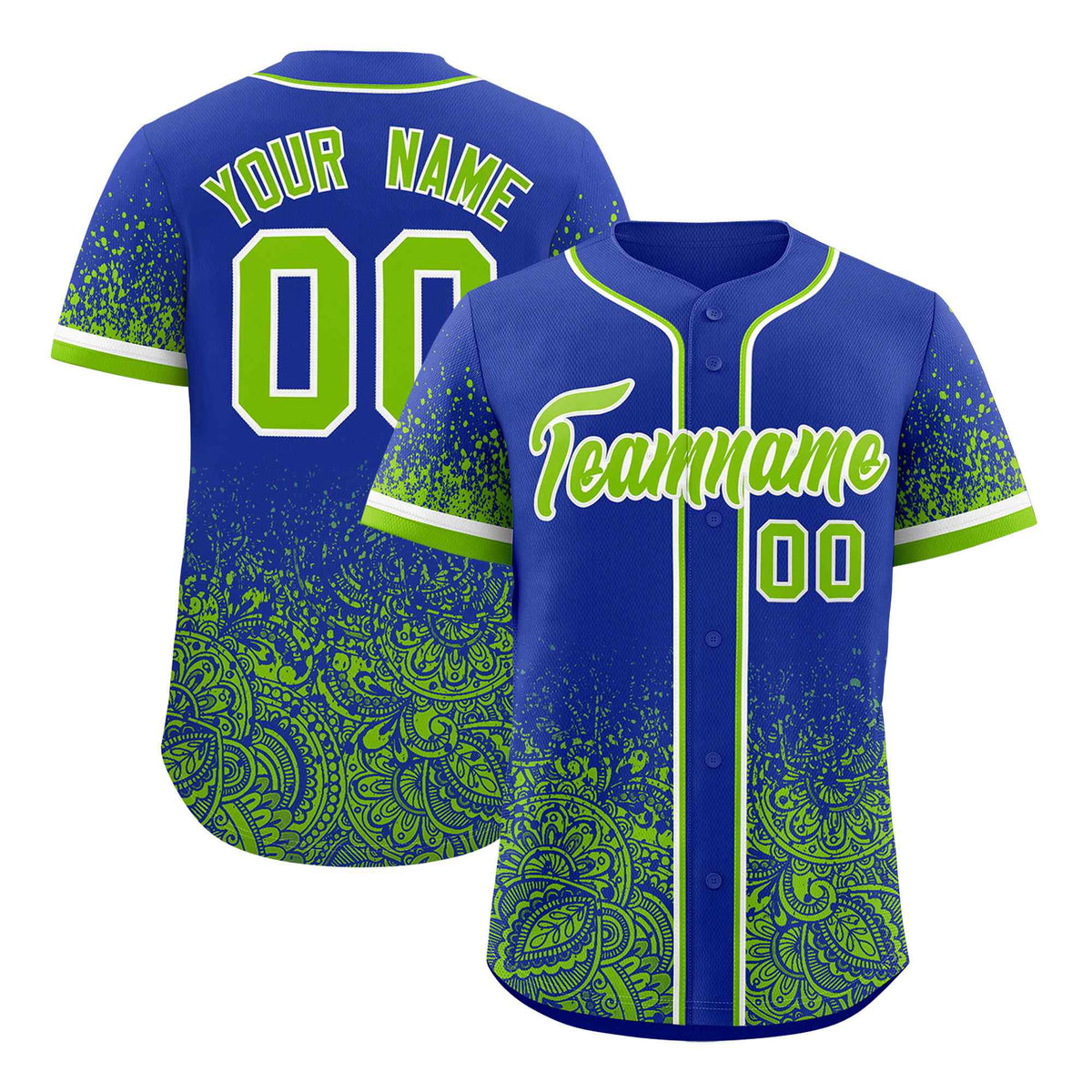 Custom Royal Neon Green Floral Print Pattern Full Button Gradient Fashion Baseball Jersey
