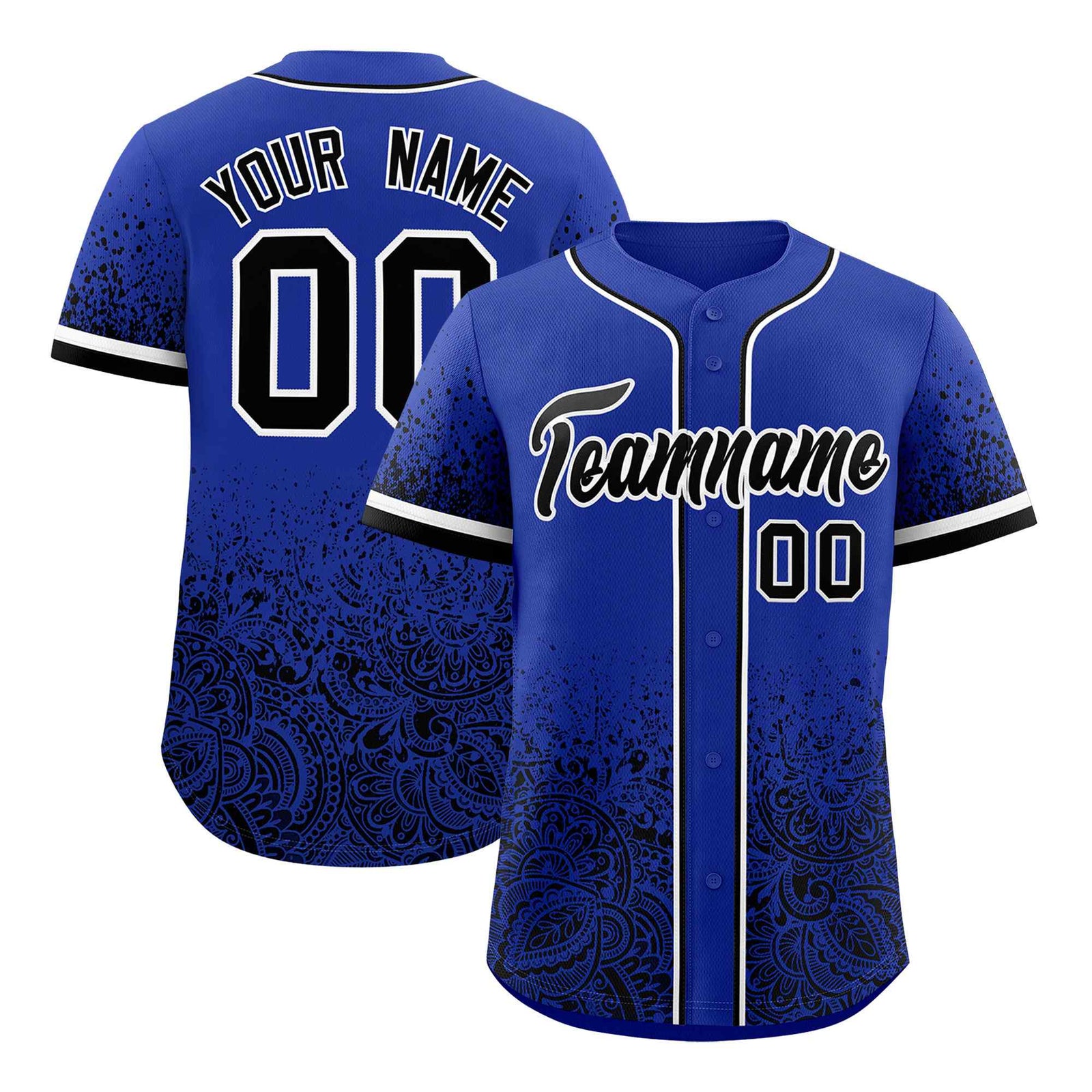 Custom Royal Black Floral Print Pattern Full Button Gradient Fashion Baseball Jersey