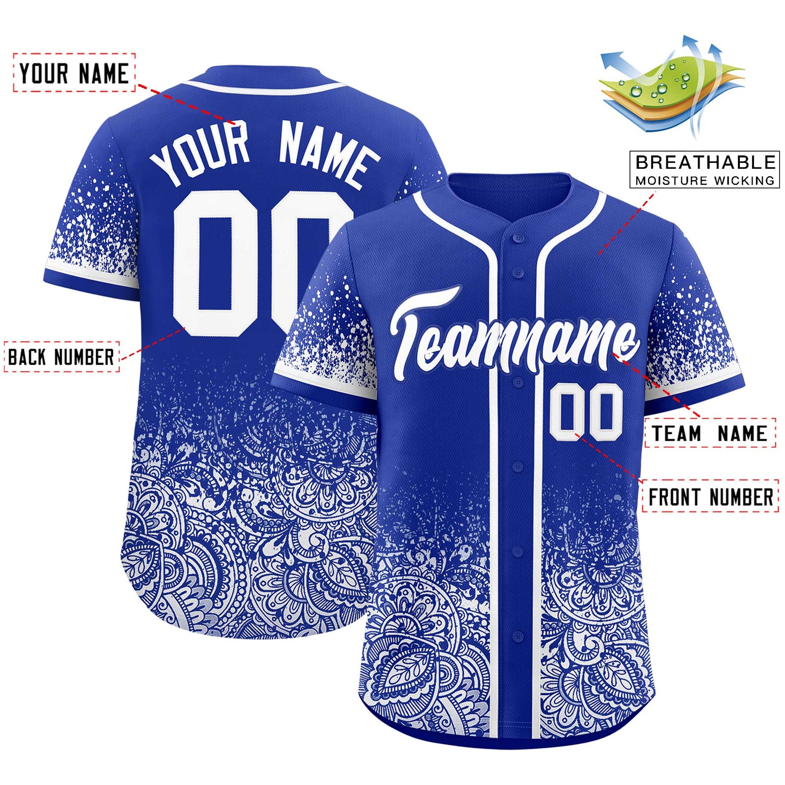 Custom Royal White Floral Print Pattern Full Button Gradient Fashion Baseball Jersey