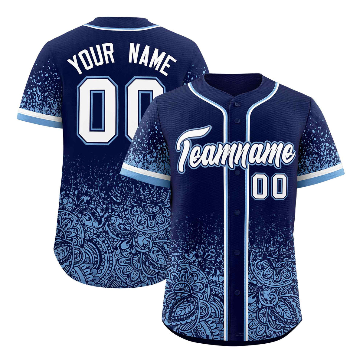 Custom Navy Powder Blue Floral Print Pattern Full Button Gradient Fashion Baseball Jersey
