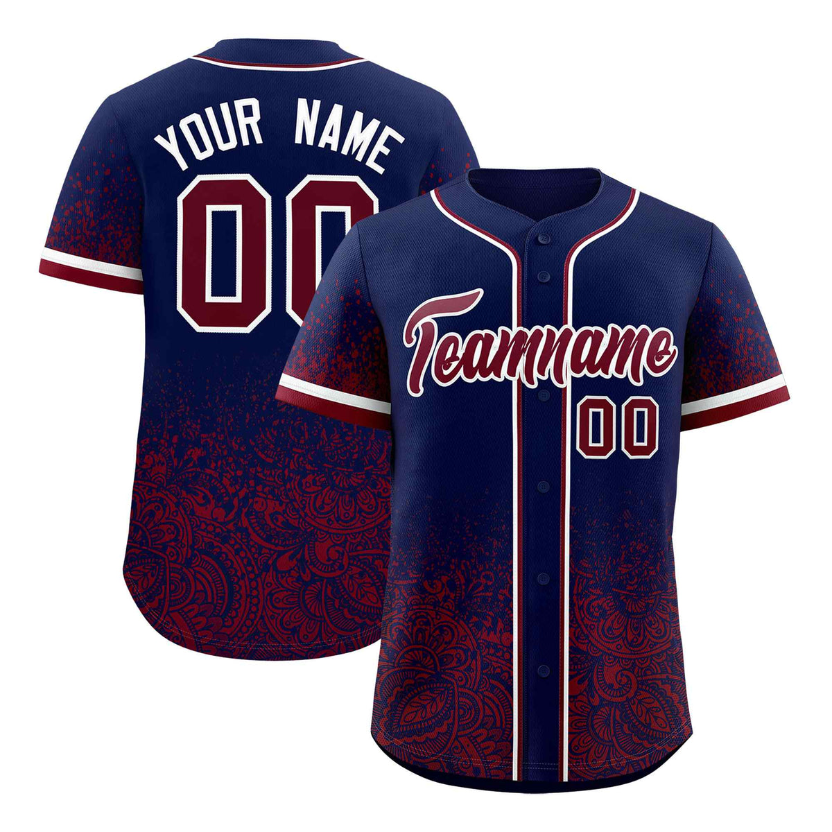 Custom Navy Crimson Floral Print Pattern Full Button Gradient Fashion Baseball Jersey