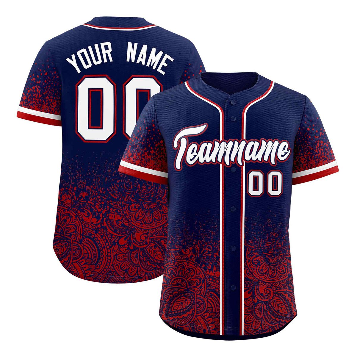 Custom Navy Red Floral Print Pattern Full Button Gradient Fashion Baseball Jersey