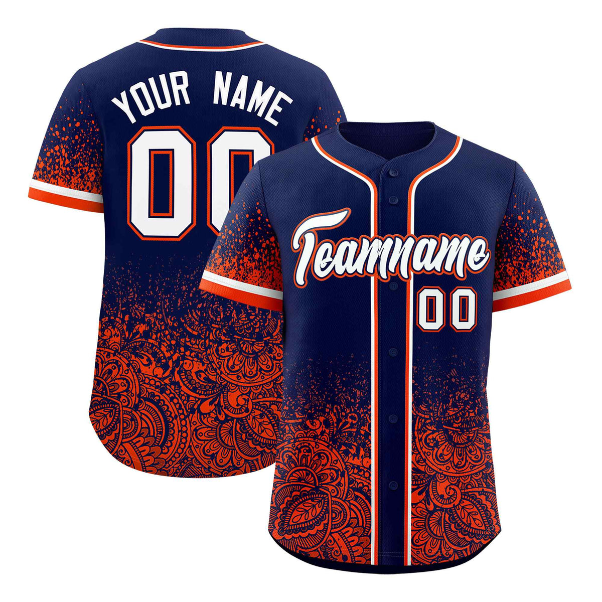 Custom Navy Orange Floral Print Pattern Full Button Gradient Fashion Baseball Jersey
